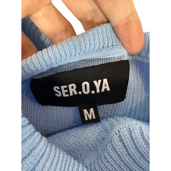 SEROYA Galli Mini Dress Ribbed Off The Shoulder Sexy Elegant Minimalist Blue M - Picture 8 of 11